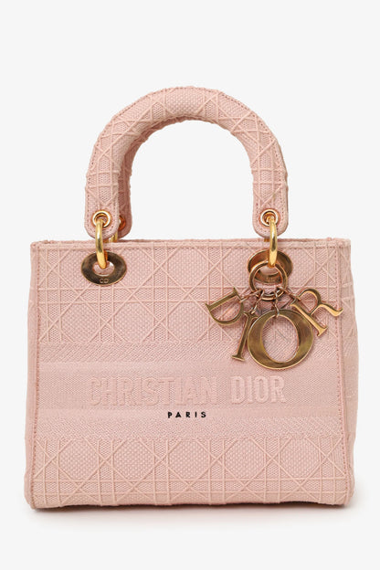 CD 2020 Pink Cannage Embroidered Canvas Medium Lady D-Lite With Strap