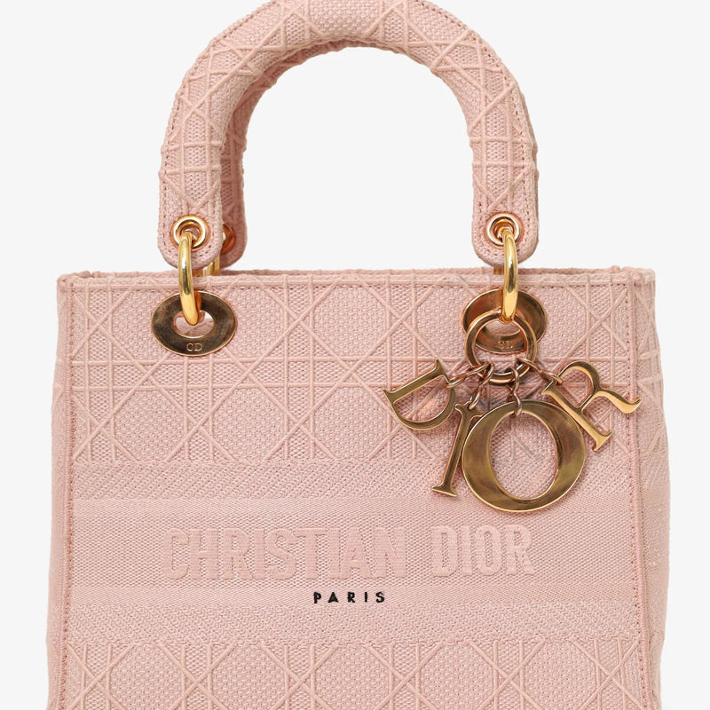 CD 2020 Pink Cannage Embroidered Canvas Medium Lady D-Lite With Strap
