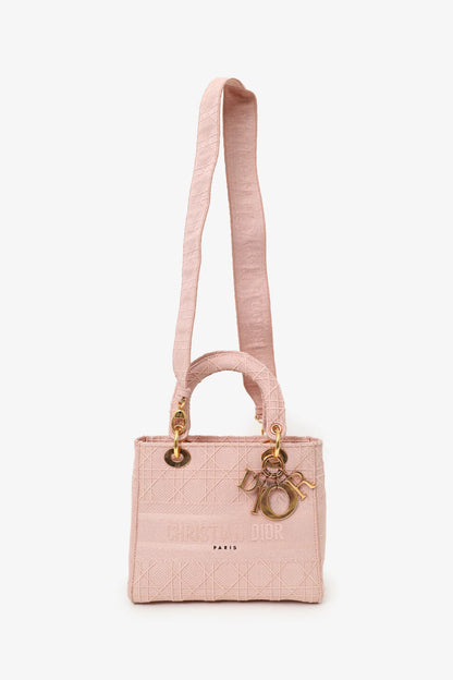 CD 2020 Pink Cannage Embroidered Canvas Medium Lady D-Lite With Strap