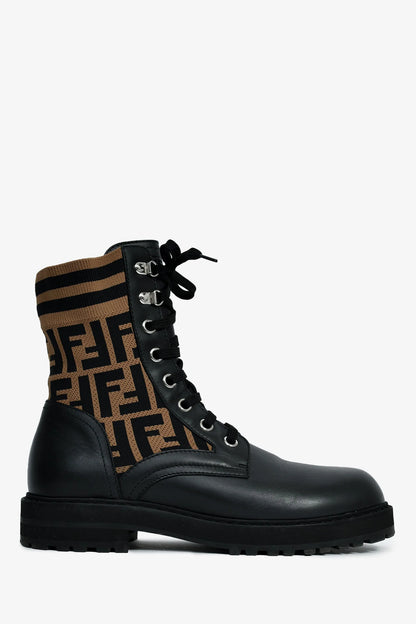 FE Black/Taupe Leather/Fabric Zucca Print Combat Boots Size 38 Mens
