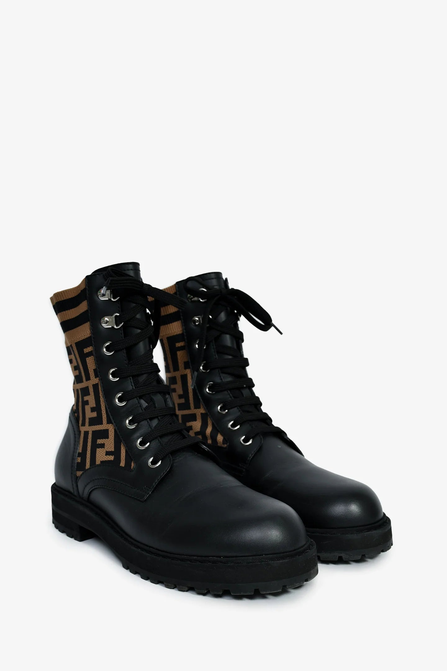 FE Black/Taupe Leather/Fabric Zucca Print Combat Boots Size 38 Mens