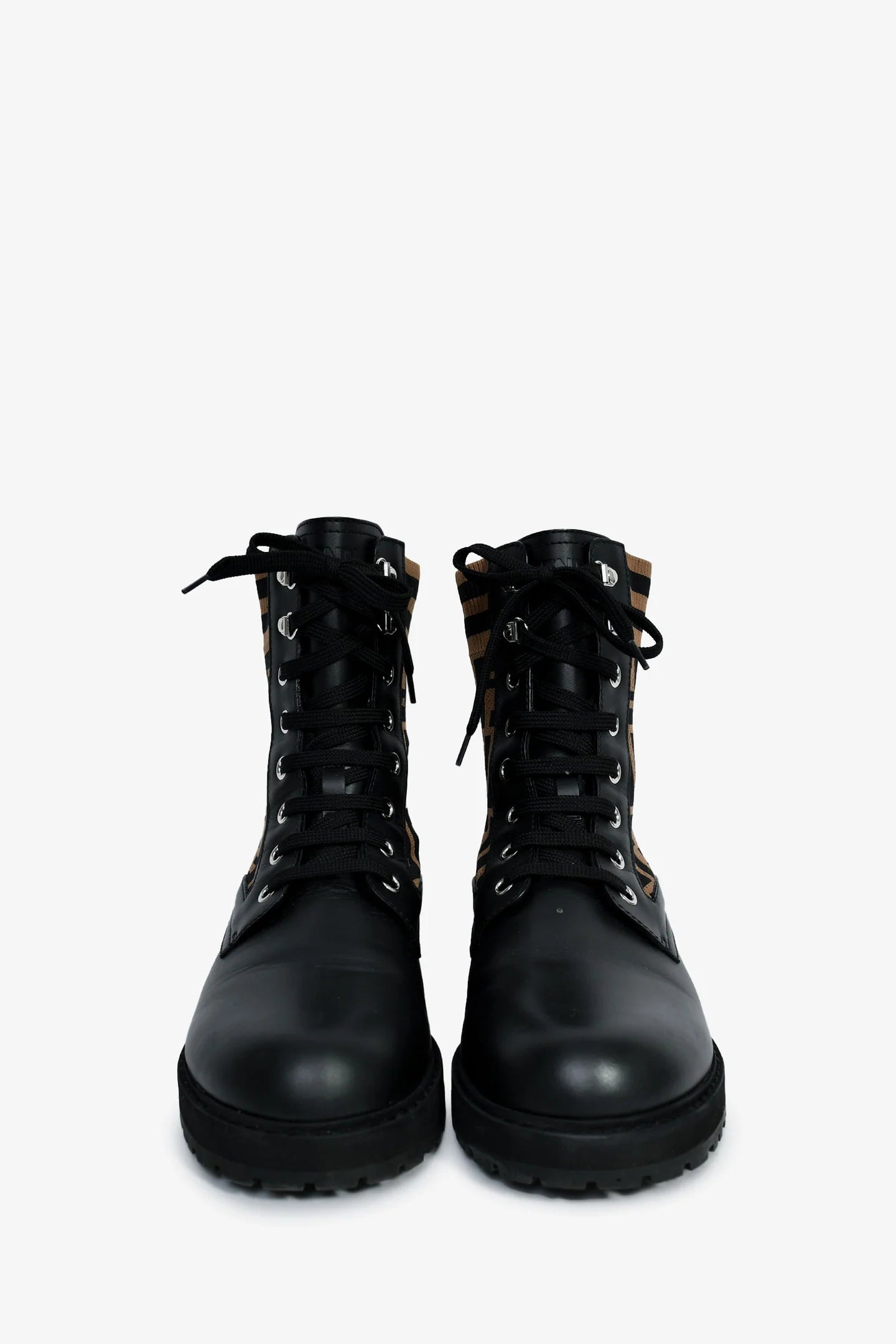 FE Black/Taupe Leather/Fabric Zucca Print Combat Boots Size 38 Mens