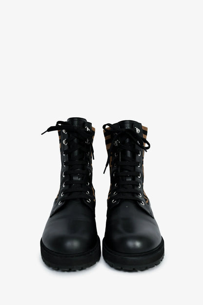 FE Black/Taupe Leather/Fabric Zucca Print Combat Boots Size 38 Mens