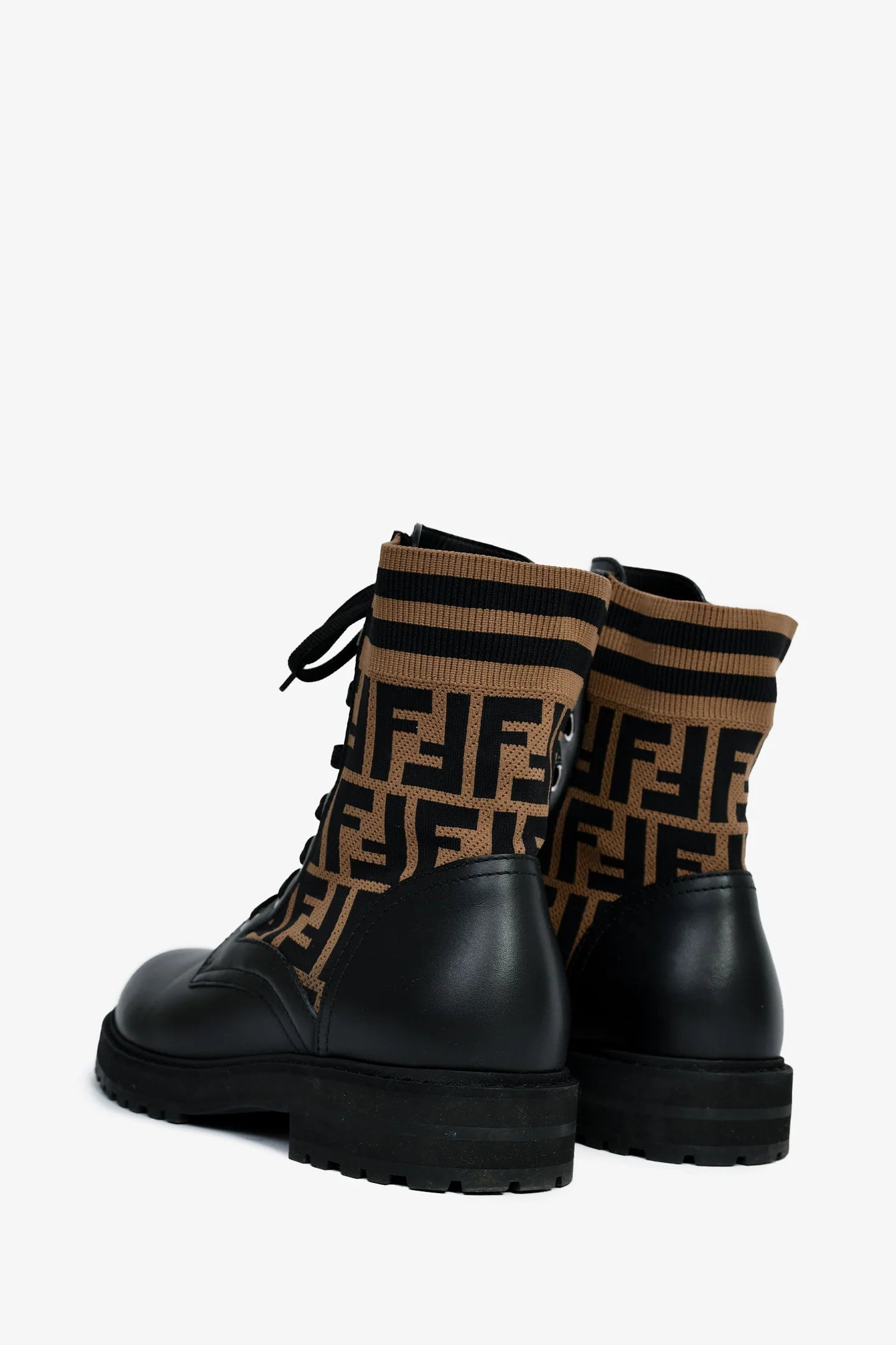FE Black/Taupe Leather/Fabric Zucca Print Combat Boots Size 38 Mens