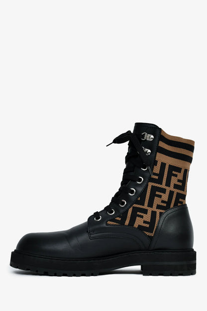 FE Black/Taupe Leather/Fabric Zucca Print Combat Boots Size 38 Mens