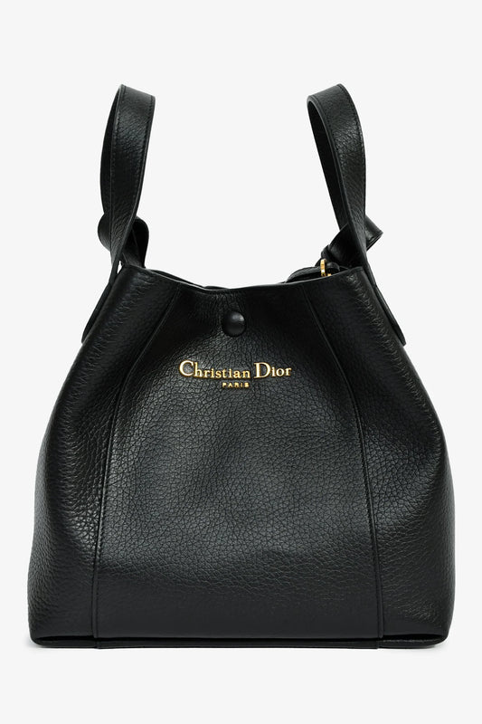 CD Black Grained Calfskin Bucket Bag With Strap