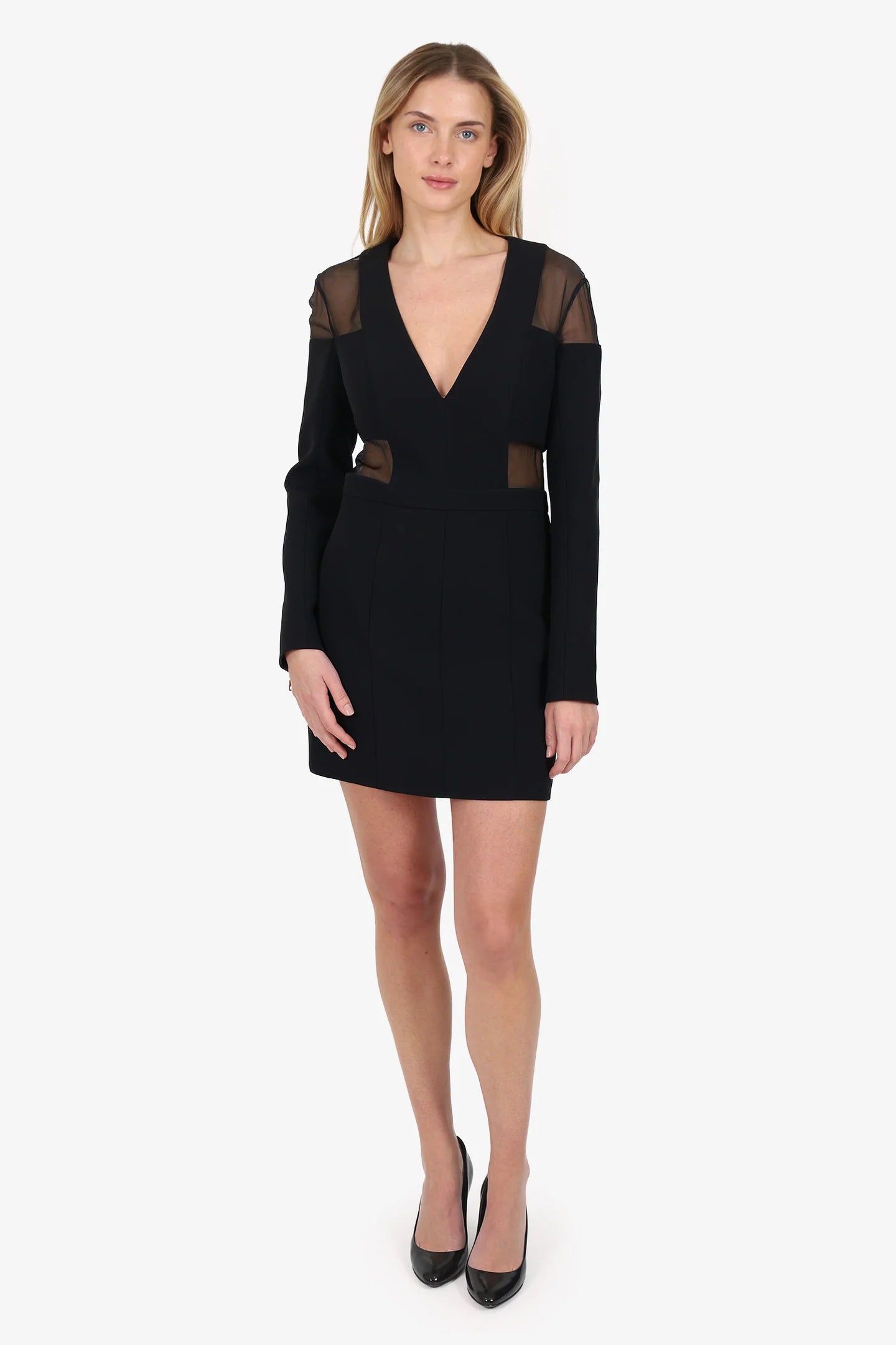 BN Black Sheer Panel V-Neck Long Sleeve Mini Dress Size 8