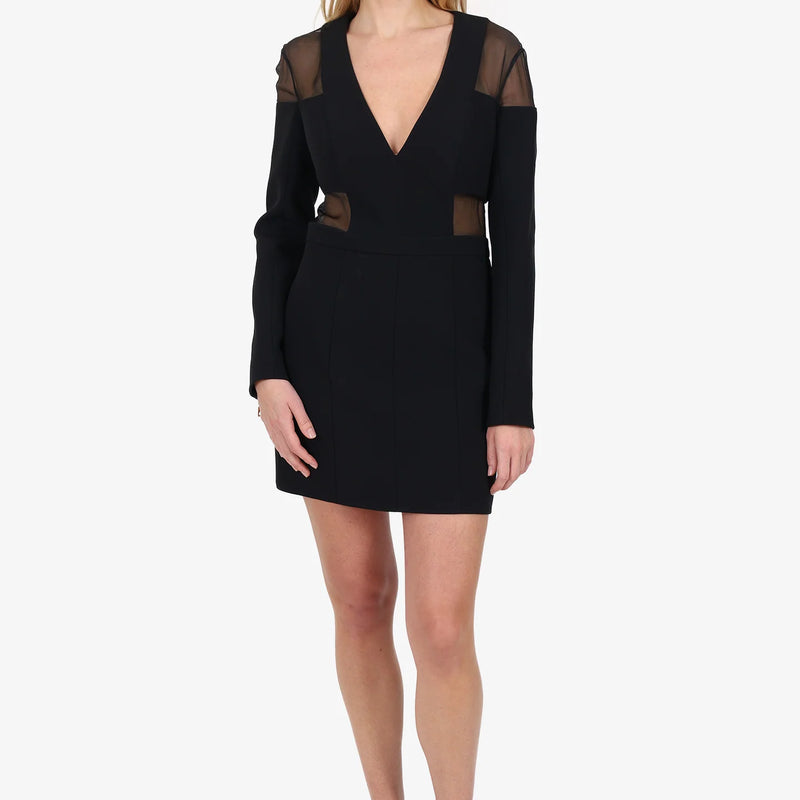 BN Black Sheer Panel V-Neck Long Sleeve Mini Dress Size 8
