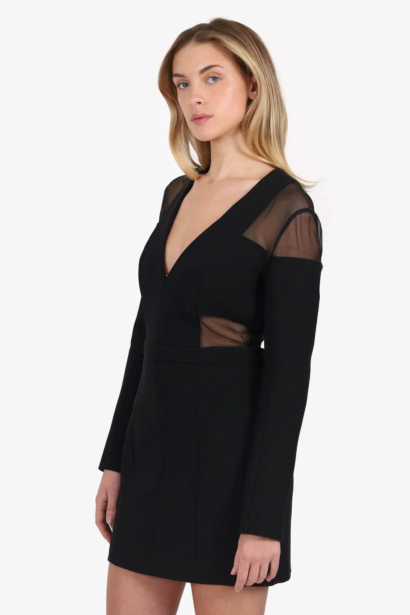 BN Black Sheer Panel V-Neck Long Sleeve Mini Dress Size 8