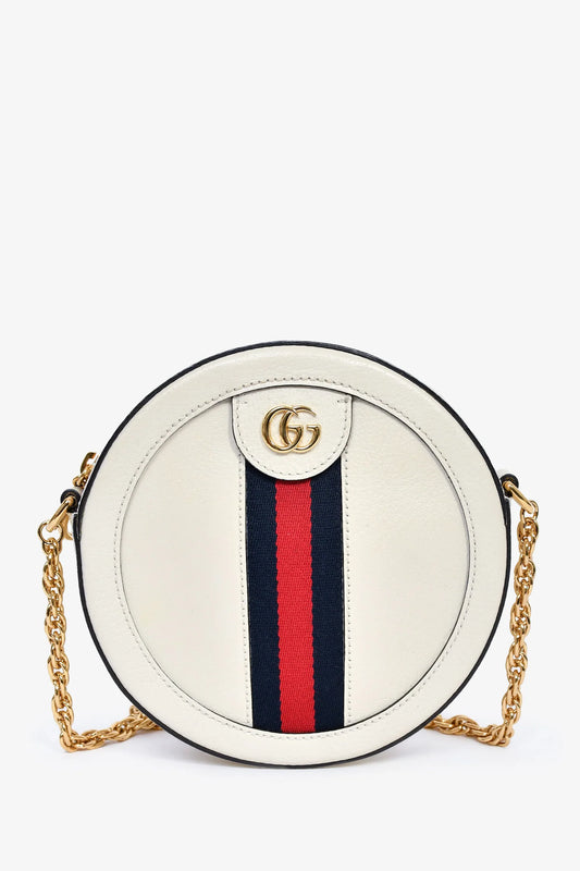 GC White Leather Web Detail 'Ophidia' Mini Round Crossbody Bag