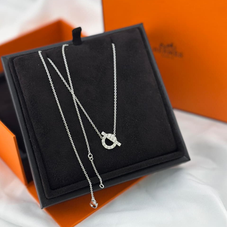 A silver-toned necklace with a circular interlocking pendant displayed on a black velvet jewelry box, with orange Hermès boxes in the background.