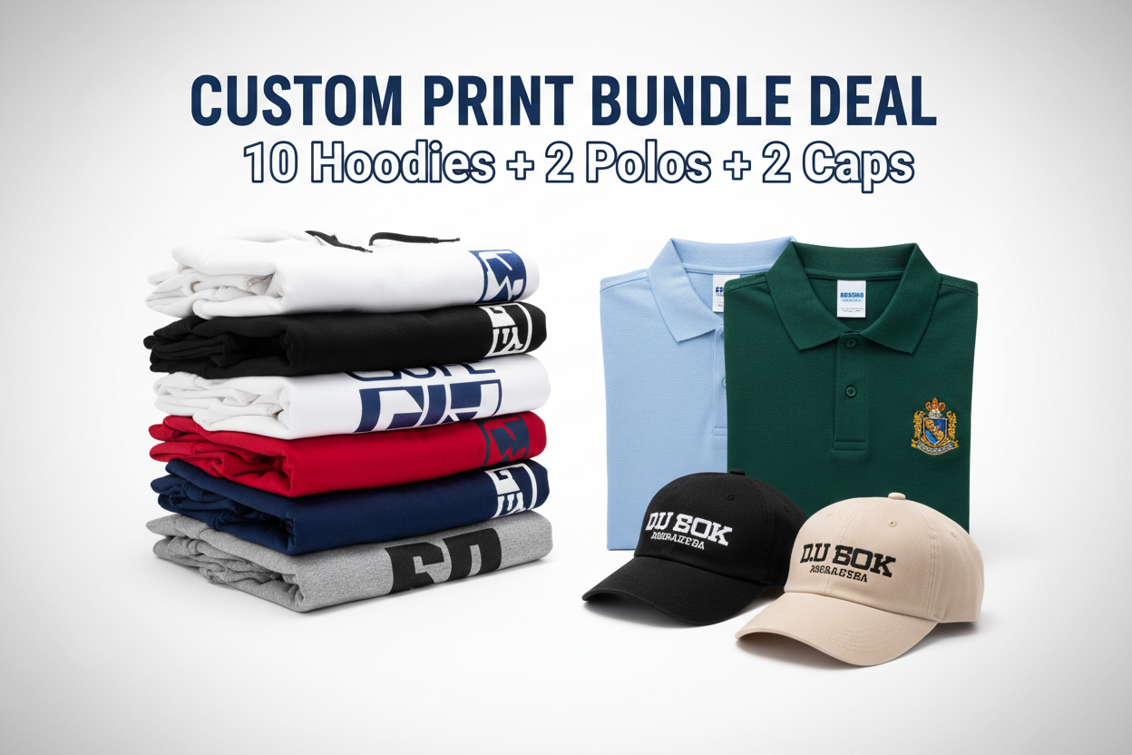 generate a deal photo in which my business is offering 10 hoodies 2 polos and 2 caps with custom print also show photos of each item in the photo